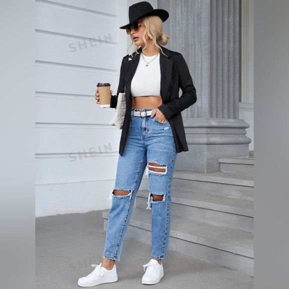SHEIN Denim - Women’s Cropped High Waisted Distressed Mom Jeans